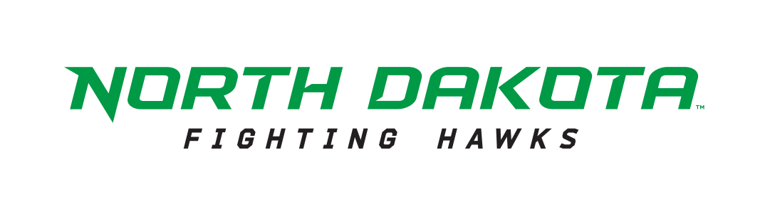 North Dakota Fighting Hawks wordmark, horizontal green/black on white variant, cell 18