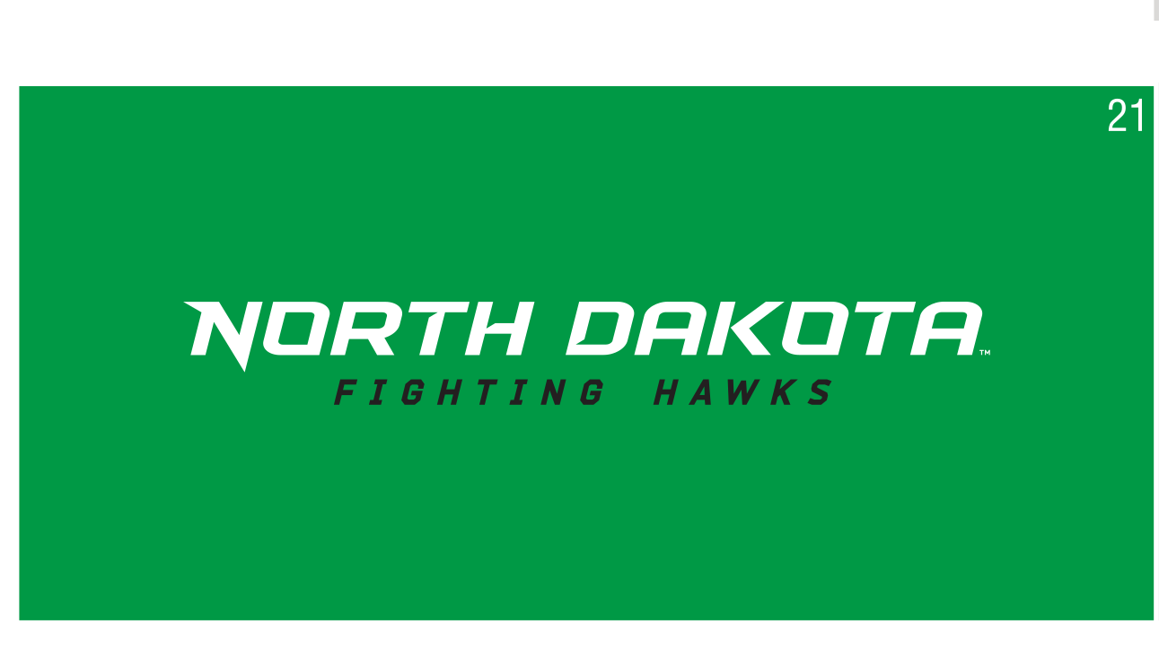 North Dakota Fighting Hawks wordmark, horizontal white/white on green variant, cell 21