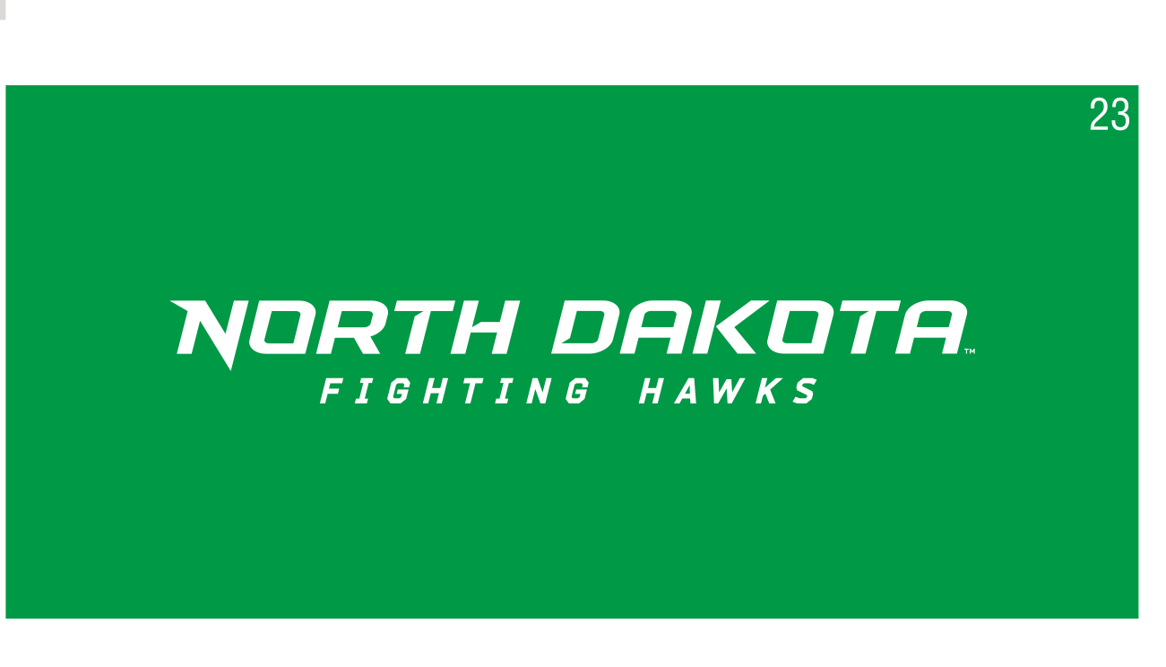 North Dakota Fighting Hawks wordmark, horizontal white/white on green variant, cell 23