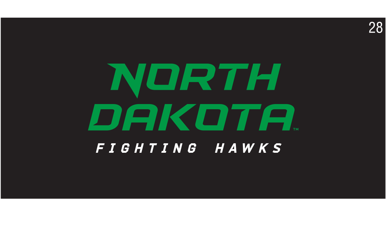 North Dakota Fighting Hawks wordmark, stacked green/white on black variant, cell 28