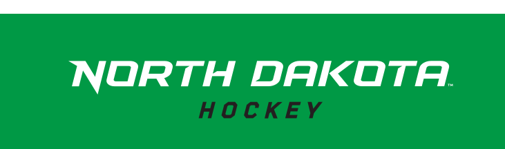 NORTH DAKOTA HOCKEY wordmark, horizontal white on green variant, cell 84