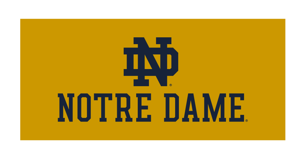 ND monogram with Notre Dame wordmark, navy on gold background variant