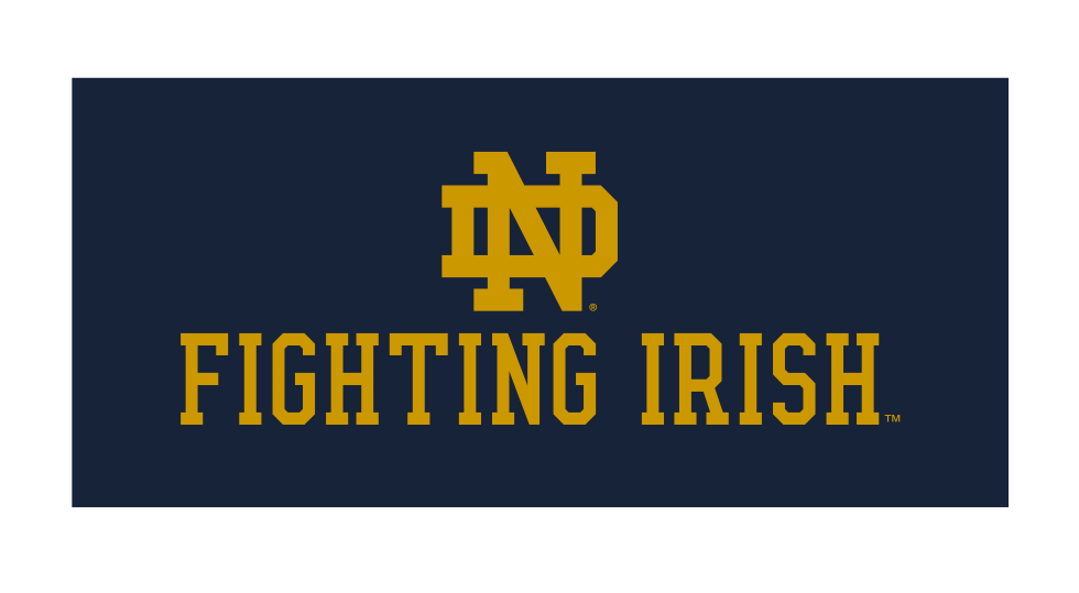 ND monogram with Fighting Irish wordmark, gold on navy background variant