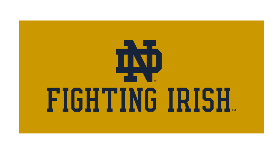 ND monogram with Fighting Irish wordmark, navy on gold background variant