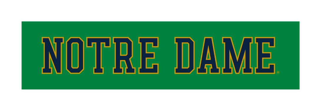 NOTRE DAME wordmark, navy with gold outline on green background variant