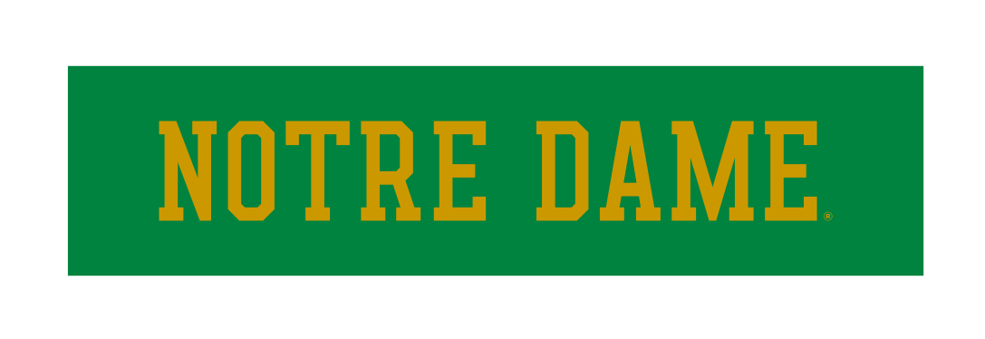 NOTRE DAME wordmark, gold on green background variant