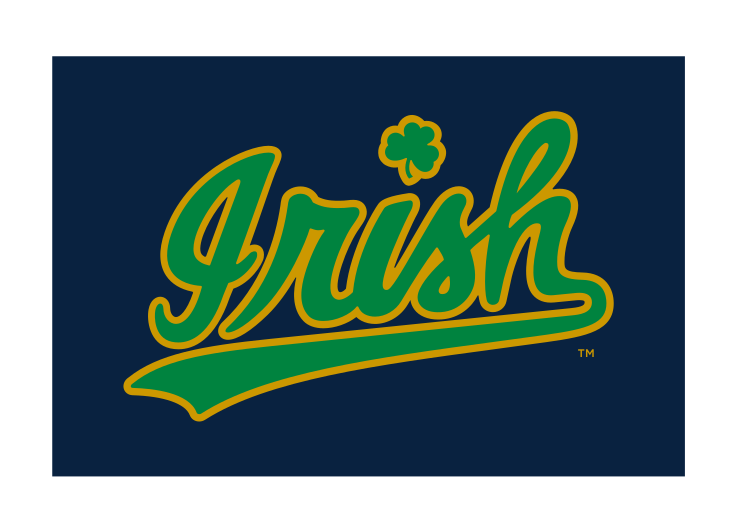 Irish script wordmark, slanted, green with gold outline on navy background variant