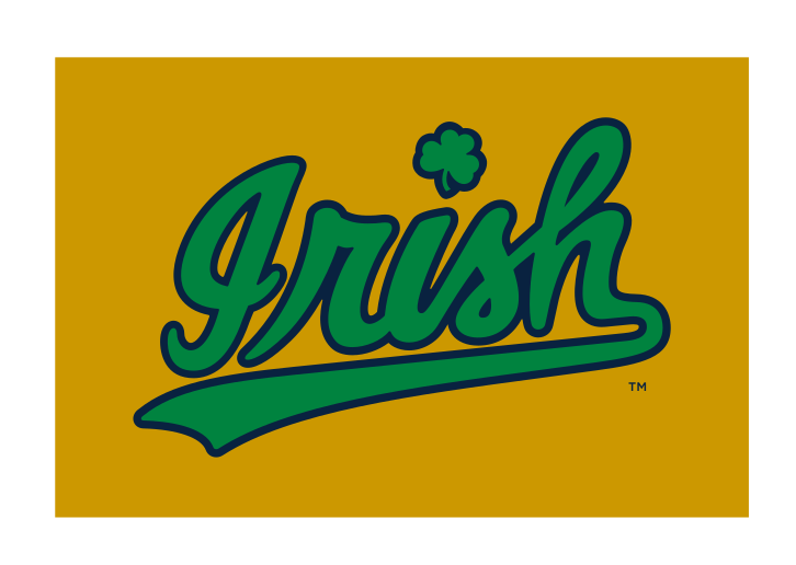 Irish script wordmark, slanted, green with navy outline on gold background variant