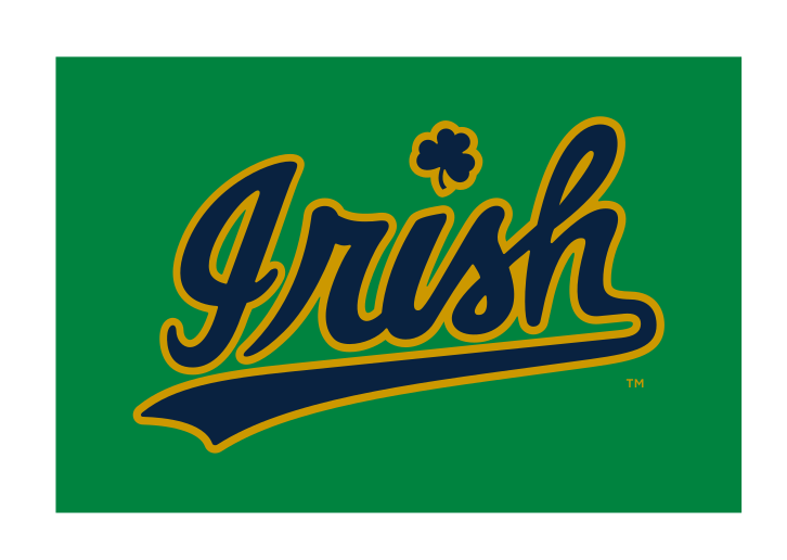 Irish script wordmark, slanted, navy with gold outline on green background variant