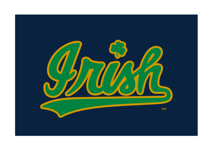 Irish script wordmark, straight, green with gold outline on navy background variant
