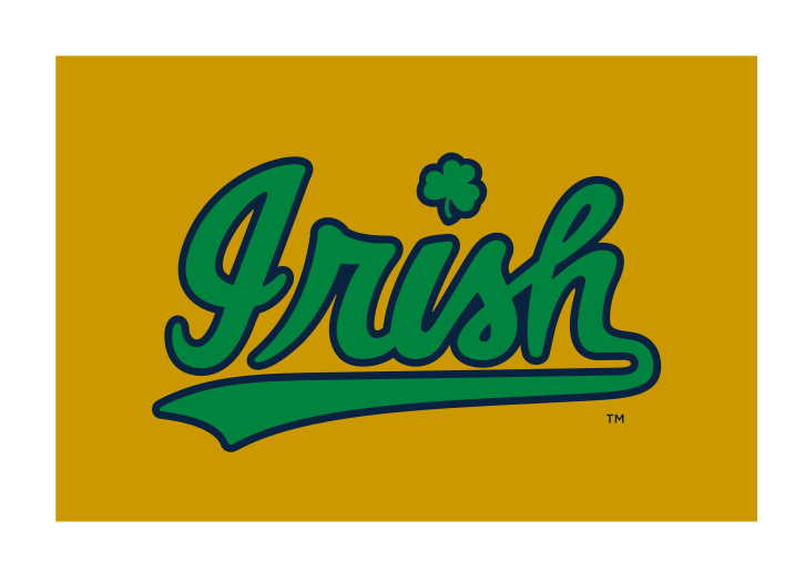 Irish script wordmark, straight, green with navy outline on gold background variant