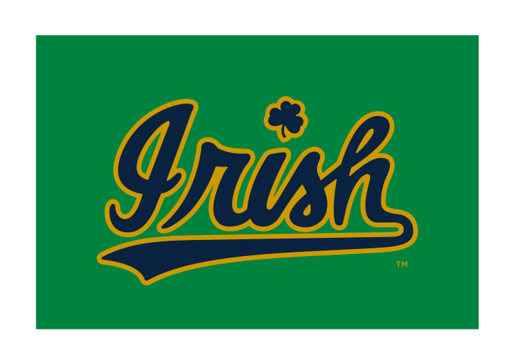 Irish script wordmark, straight, navy with gold outline on green background variant