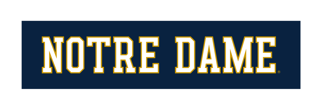 Notre Dame wordmark, white with gold outline on navy variant