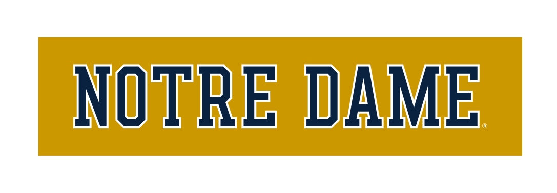 Notre Dame wordmark, blue with white outline on gold variant