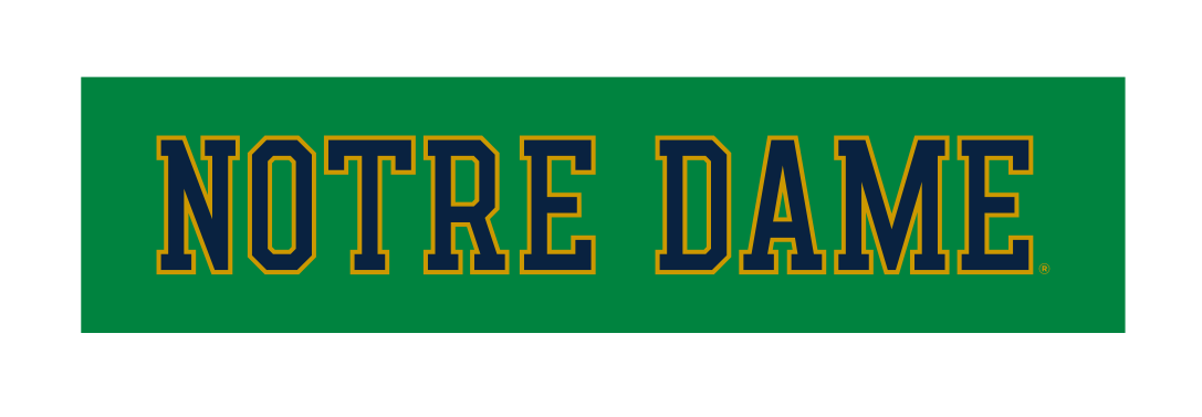 Notre Dame wordmark, gold with white outline on green variant