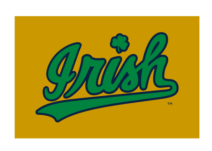 Irish script wordmark, slanted green with navy outline on gold variant