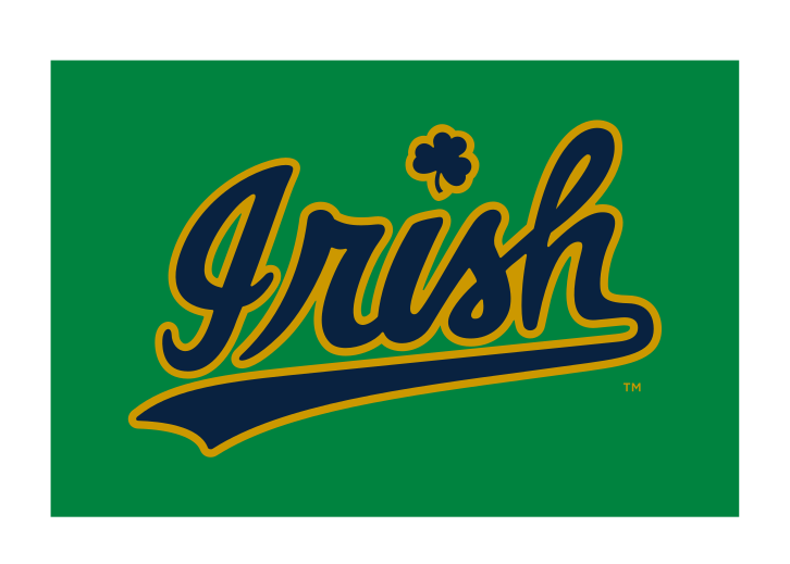 Irish script wordmark, slanted gold with navy outline on green variant