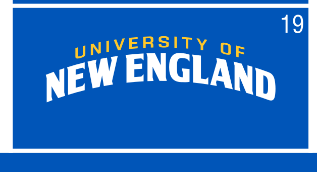 University of New England arched wordmark, reverse color variant, cell 19