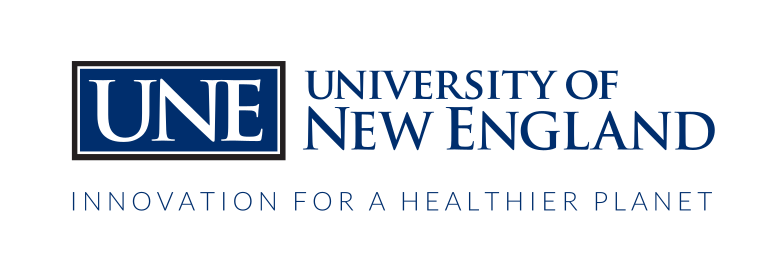 UNE University of New England wordmark, horizontal with tagline, blue and black variant, cell 114