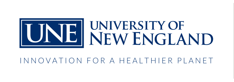 UNE University of New England wordmark, horizontal with tagline, blue variant, cell 115