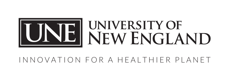 UNE University of New England wordmark, horizontal with tagline, black variant, cell 116