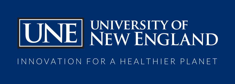 UNE University of New England wordmark, horizontal with tagline, white on blue variant, cell 117