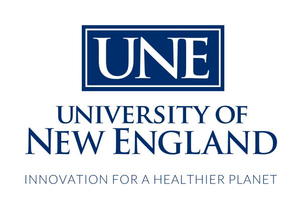 UNE University of New England wordmark, stacked with tagline, blue variant, cell 120