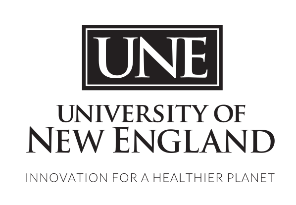UNE University of New England wordmark, stacked with tagline, black variant, cell 121