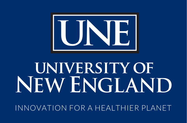UNE University of New England wordmark, stacked with tagline, white on blue variant, cell 122