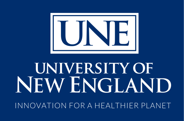 UNE University of New England wordmark, stacked with tagline, white on blue variant, cell 123
