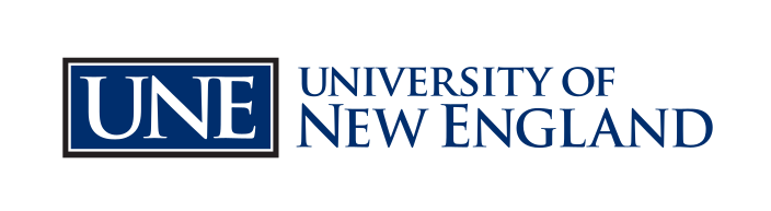 UNE University of New England wordmark, horizontal, blue and black variant, cell 128