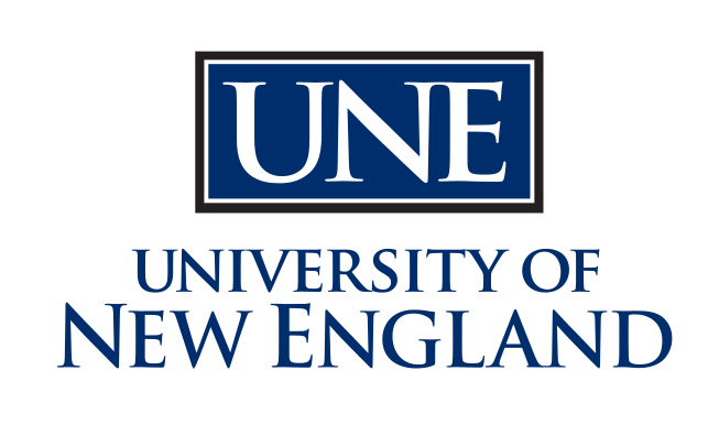 UNE University of New England wordmark, stacked, blue and black variant, cell 131