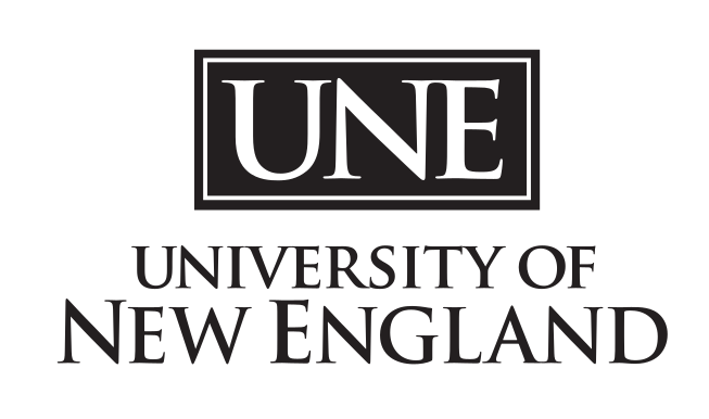 UNE University of New England wordmark, stacked, black variant, cell 132
