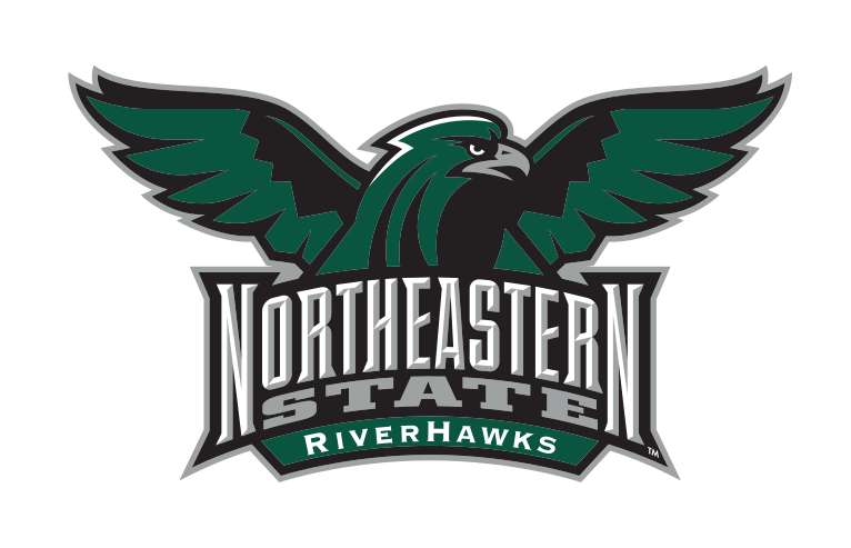RiverHawks full body with Northeastern State RiverHawks wordmark, full color, green banners variant, cell 15