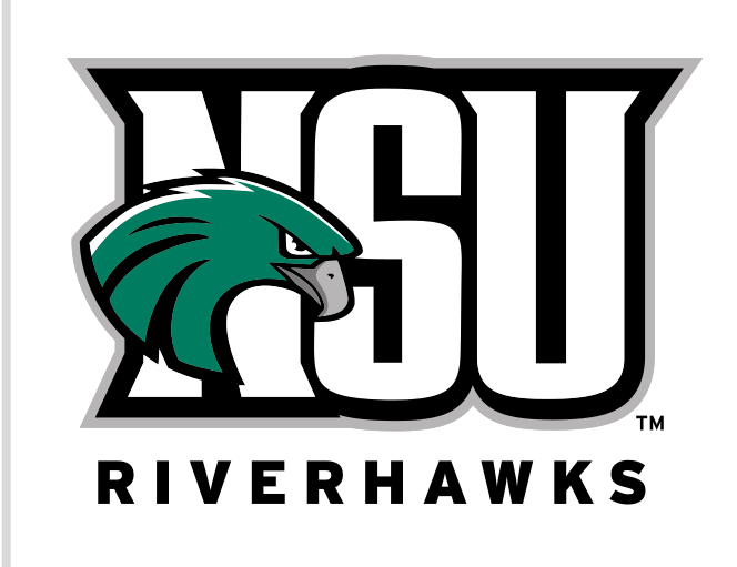 NSU RiverHawks lockup with head, full color, black NSU variant, cell 32