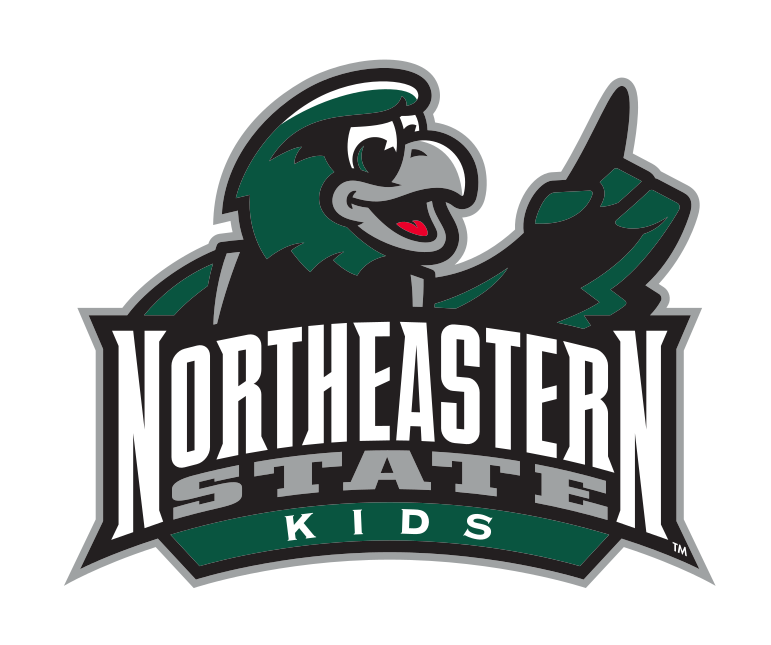 RiverHawk mascot head with wordmark, "KIDS", full color on dark green variant, cell 38