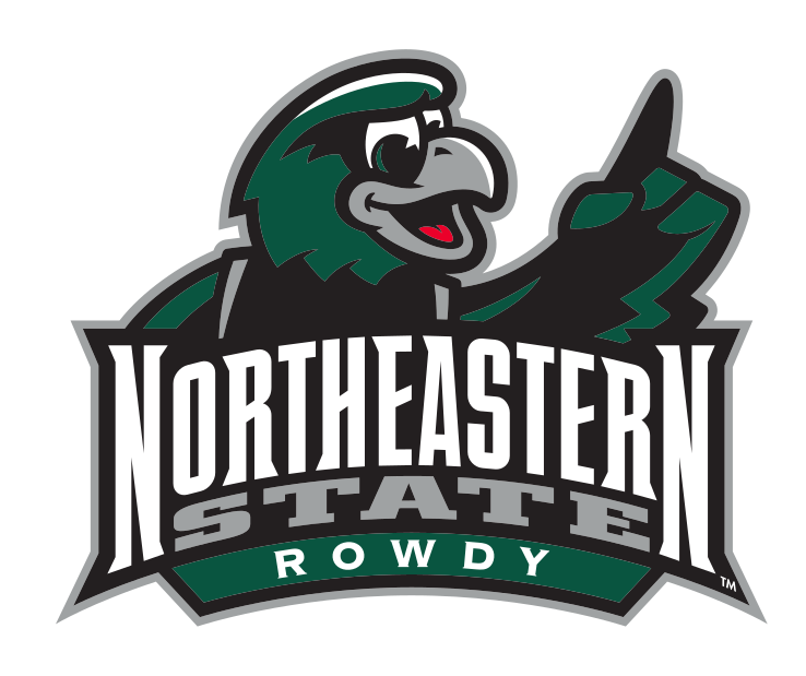 RiverHawk mascot head with wordmark, "ROWDY", full color on dark green variant, cell 41