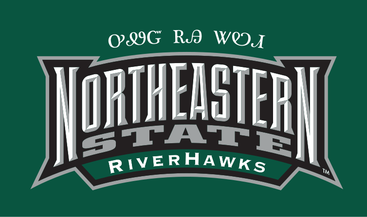 Northeastern State Riverhawks logo with Cherokee text, full color on green variant, cell 50