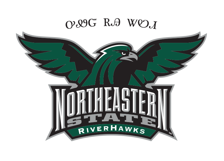 Riverhawk mascot head with wordmark and Cherokee text, full color variant, cell 61