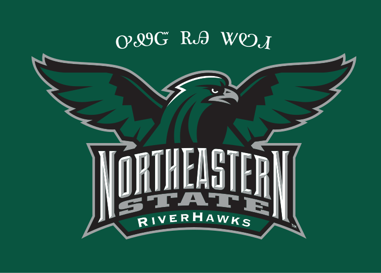 Riverhawk mascot head with wordmark and Cherokee text, full color on green variant, cell 62