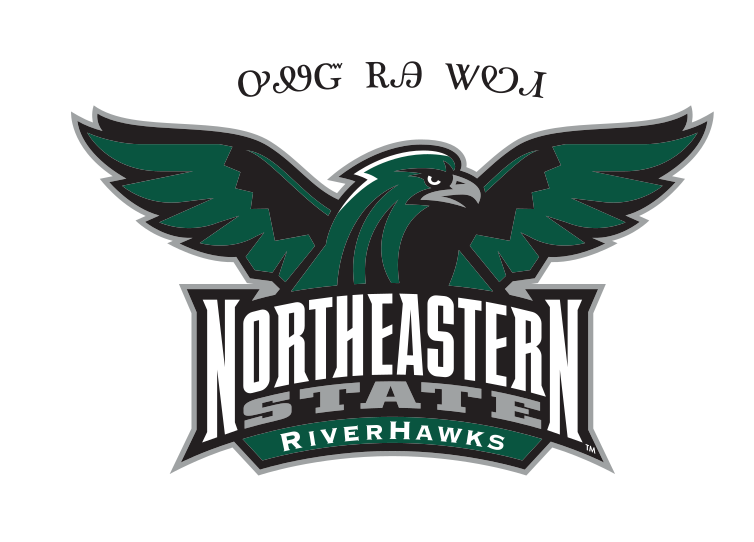 Riverhawk mascot head with wordmark and Cherokee text, grey/black variant, cell 63