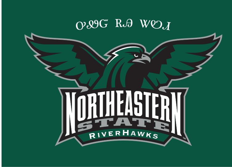 Riverhawk mascot head with wordmark and Cherokee text, grey/black on green variant, cell 64