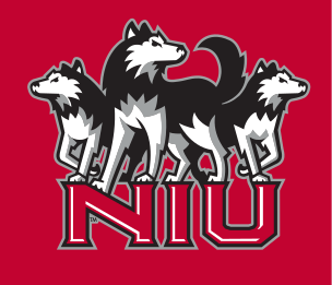 husky mascot with NIU wordmark, full color on red variant, cell 10
