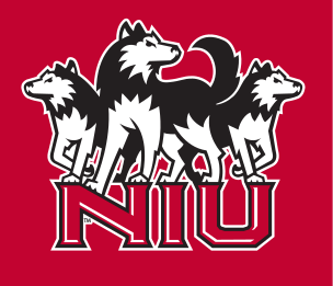 husky mascot with NIU wordmark, 2-color on red variant, cell 11