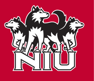 husky mascot with NIU wordmark, 1-color white on red variant, cell 12