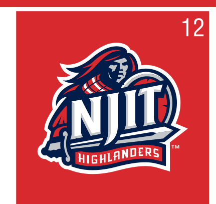 Highlander mascot with NJIT wordmark, full color on red variant, cell 12