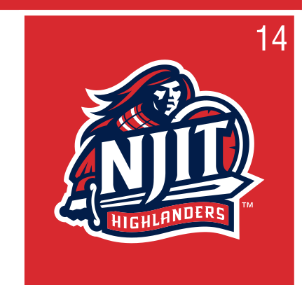 Highlander mascot with NJIT wordmark, full color on red variant, cell 14