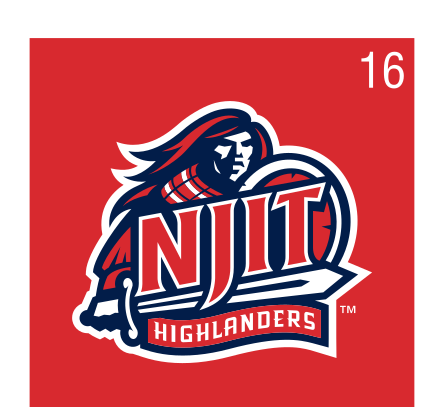 Highlander mascot with NJIT wordmark, full color on red variant, cell 16