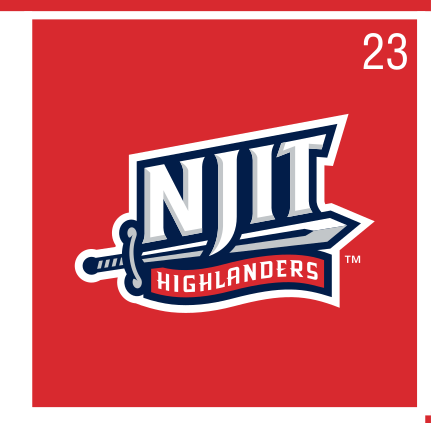 NJIT wordmark with Highlanders text, full color on red variant, cell 23