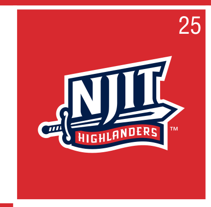 NJIT wordmark with Highlanders text, full color on red variant, cell 25